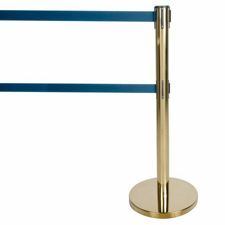 AARCO HS-27 Satin 40in Crowd Control / Guidance Stanchion with Dual 84in Green Retractable Belts 116HS27GN